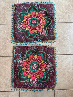 Embroidered Floral Boho Accent Squares in Black and Brights